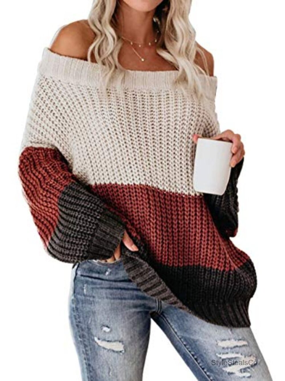 Off Shoulder Color Block Oversized Pullover Sweater